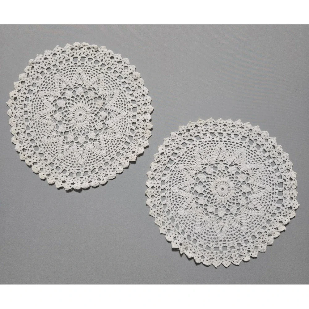 Vintage Hand Crochet Doilies Off‎ White Cotton Lace Round Set 2